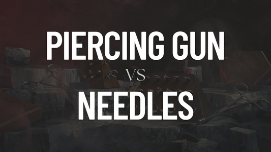 comparison of a sterile piercing needle and a reusable piercing gun, highlighting the safer method for body piercings.