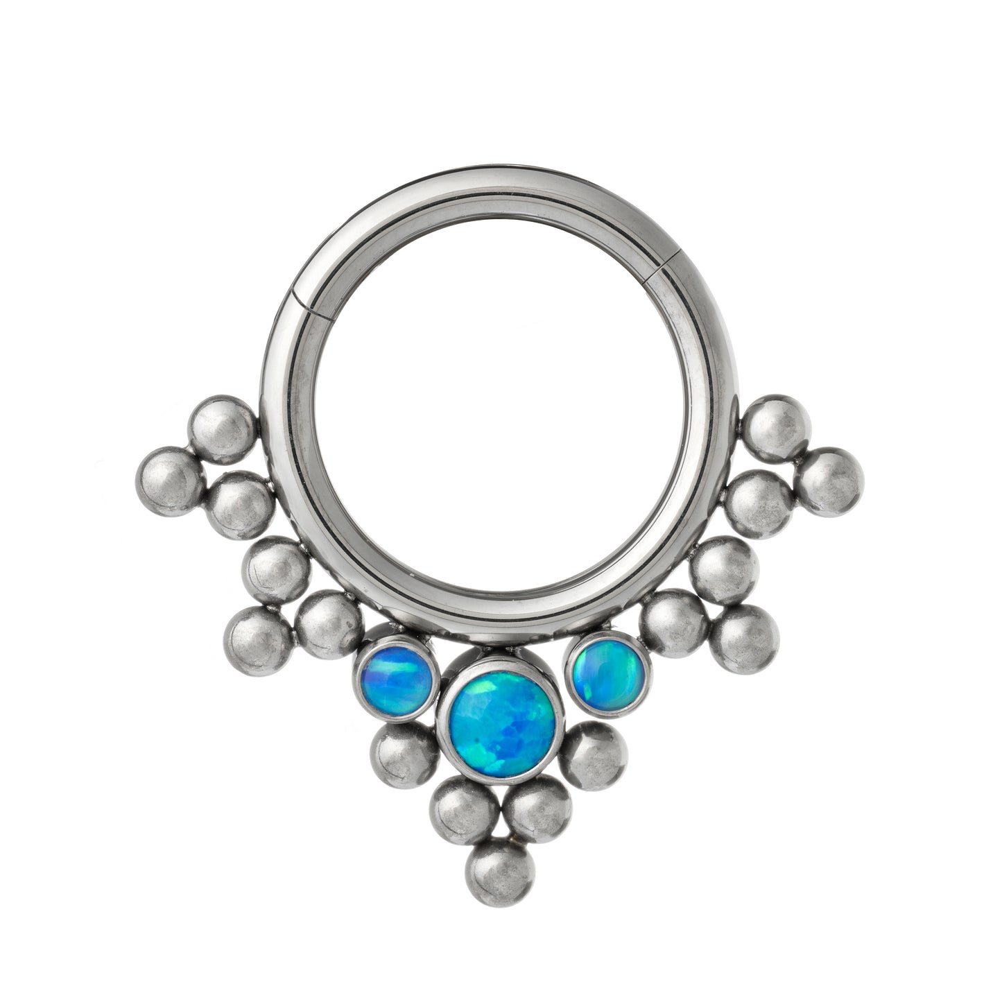 Titanium Hinged Segment Ring With 3 Opal Stones and Bead Clusters