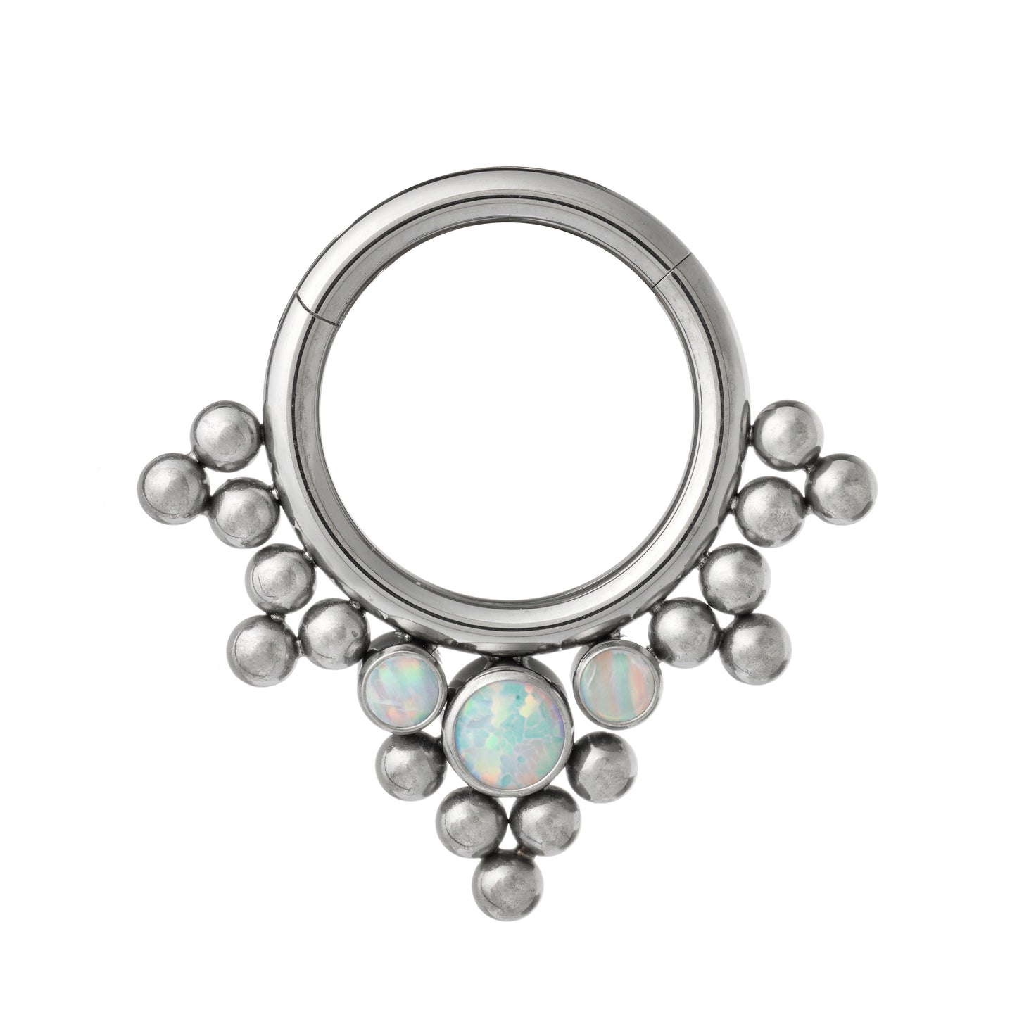 Titanium Hinged Segment Ring With 3 Opal Stones and Bead Clusters
