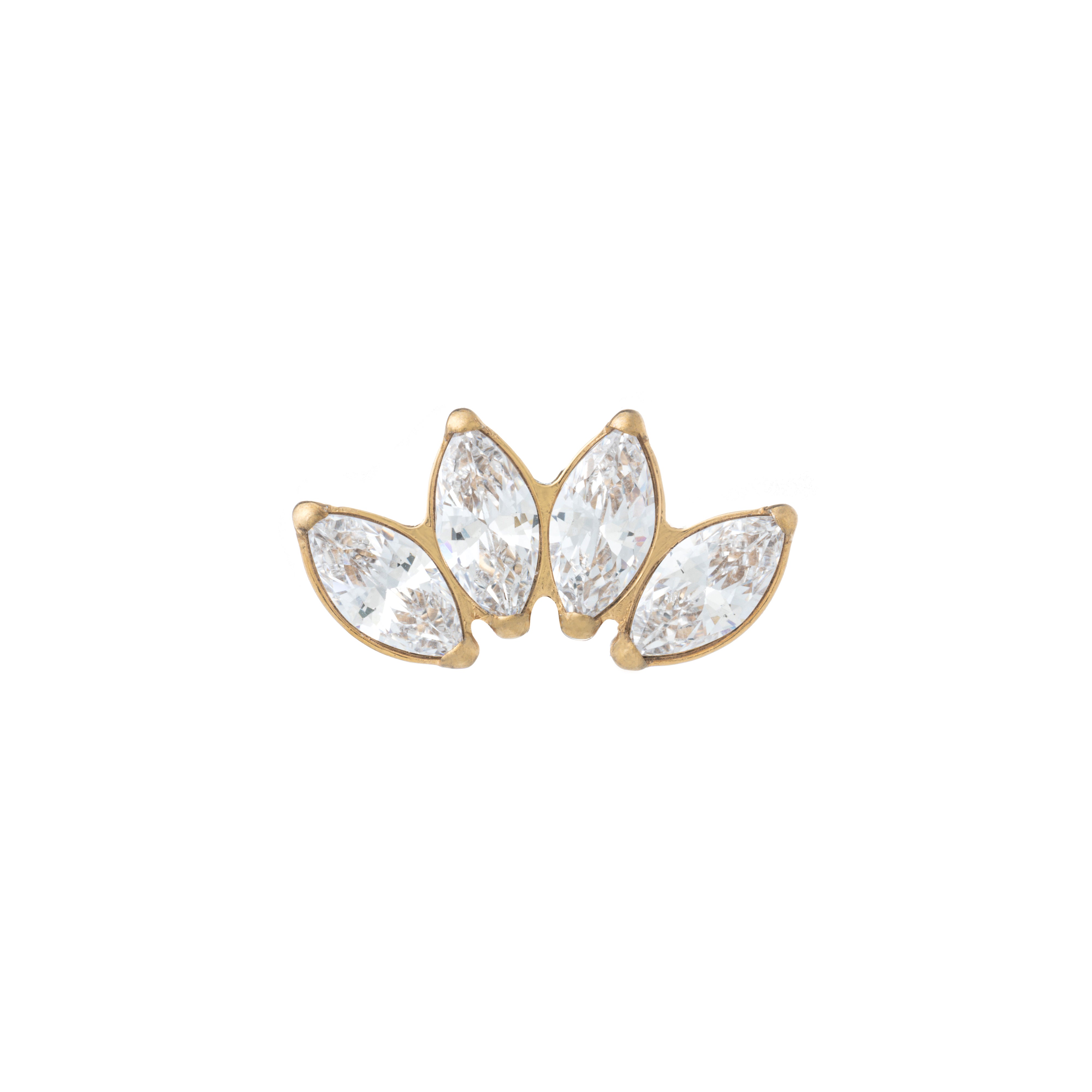 A gold-plated titanium labret top with four marquise cut cubic zirconia stones arranged in a slight curve.