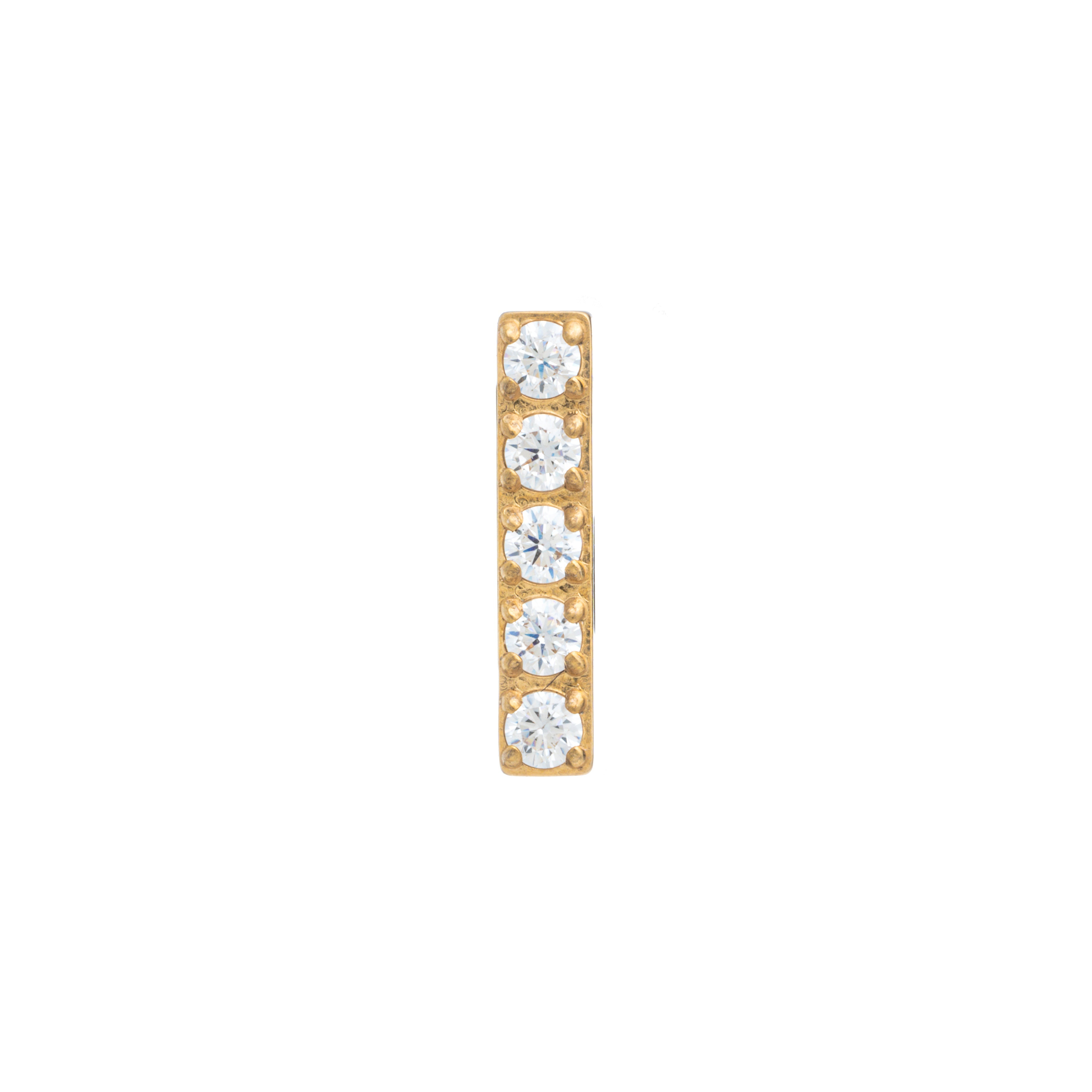A small, gold-plated titanium barbell top with a row of five cubic zirconia stones.