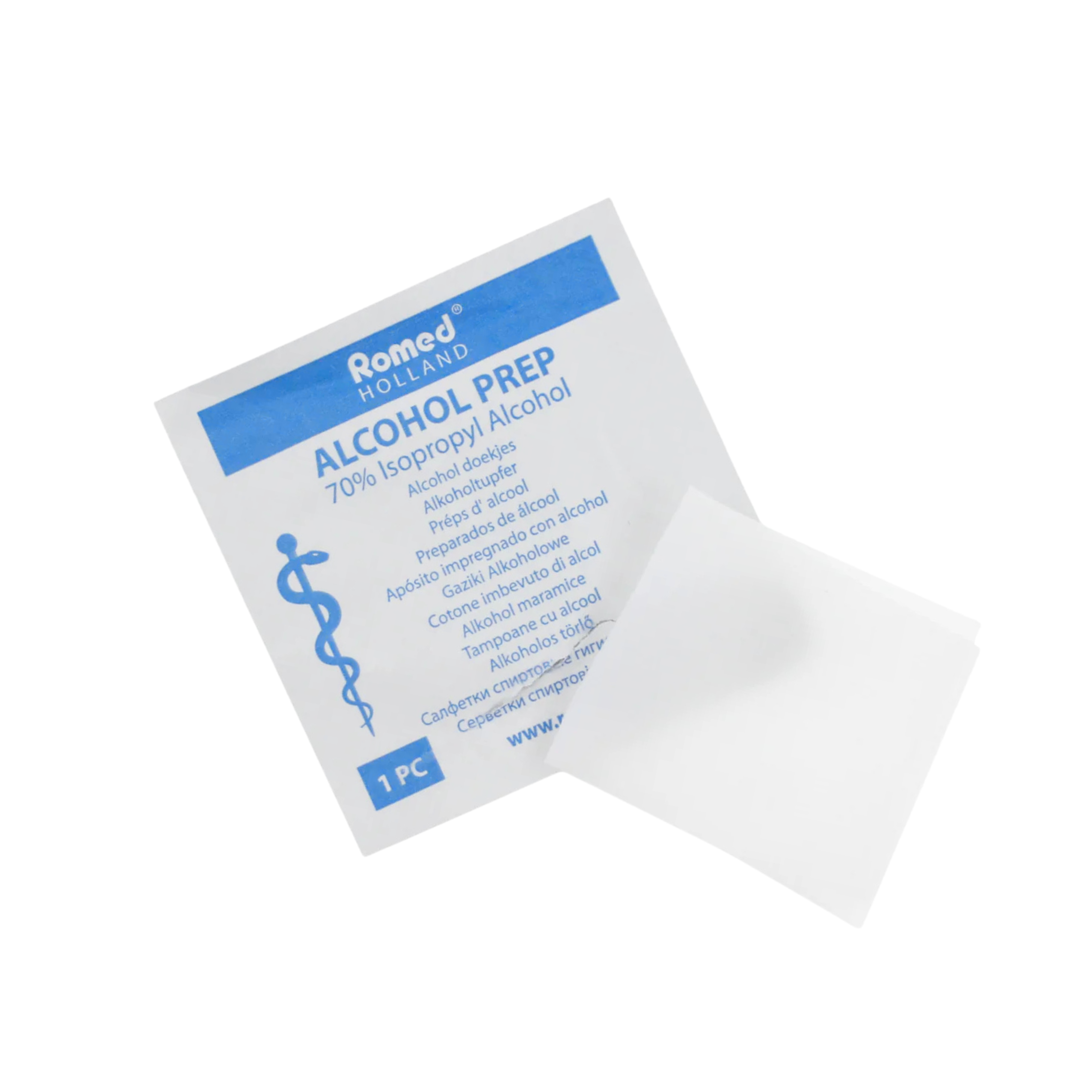 Alcohol prep pad with Romed Holland branding on a white background