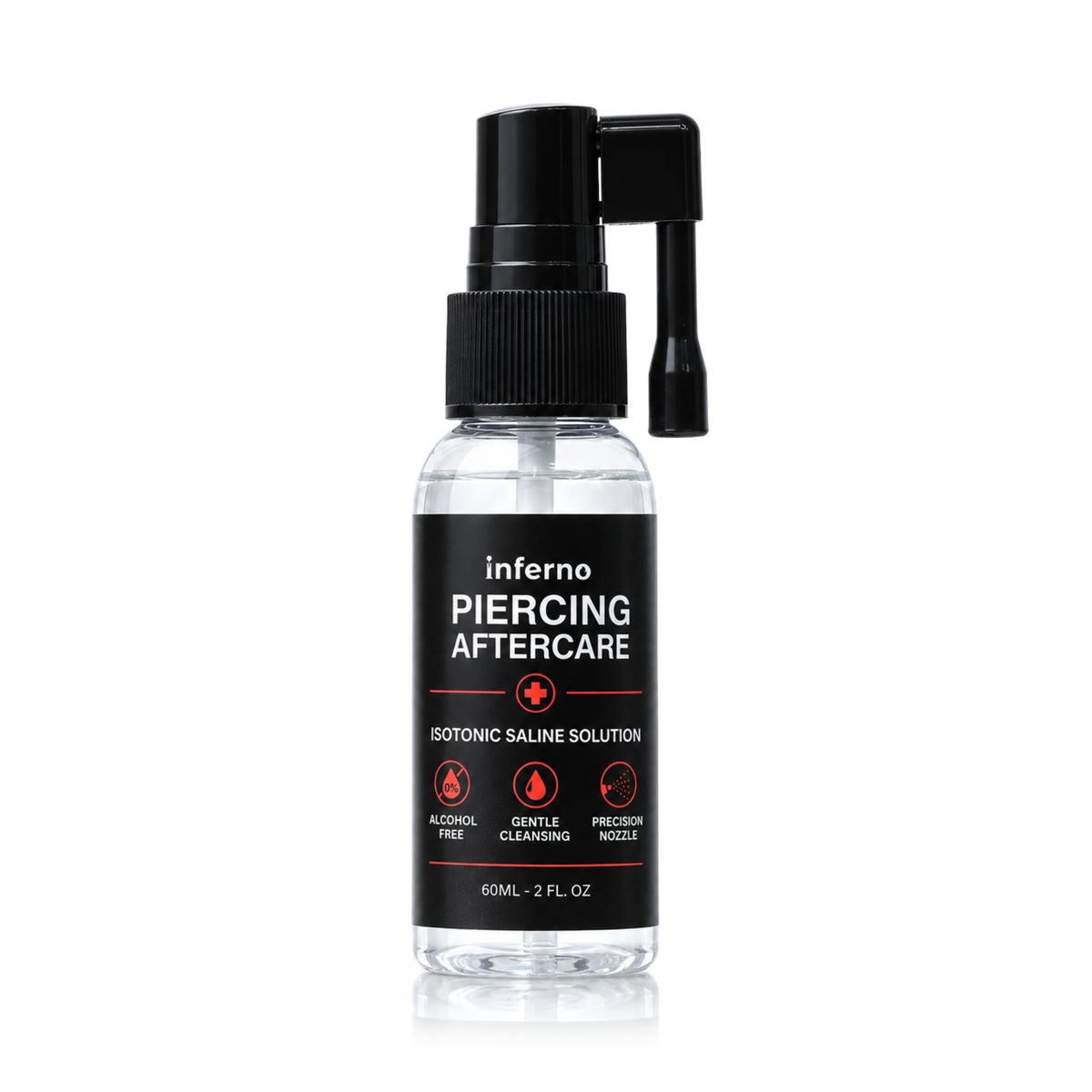 A clear plastic bottle of inferno Piercing Aftercare Isotonic Saline Solution with a black spray pump cap, shown on a white background with a subtle reflection.