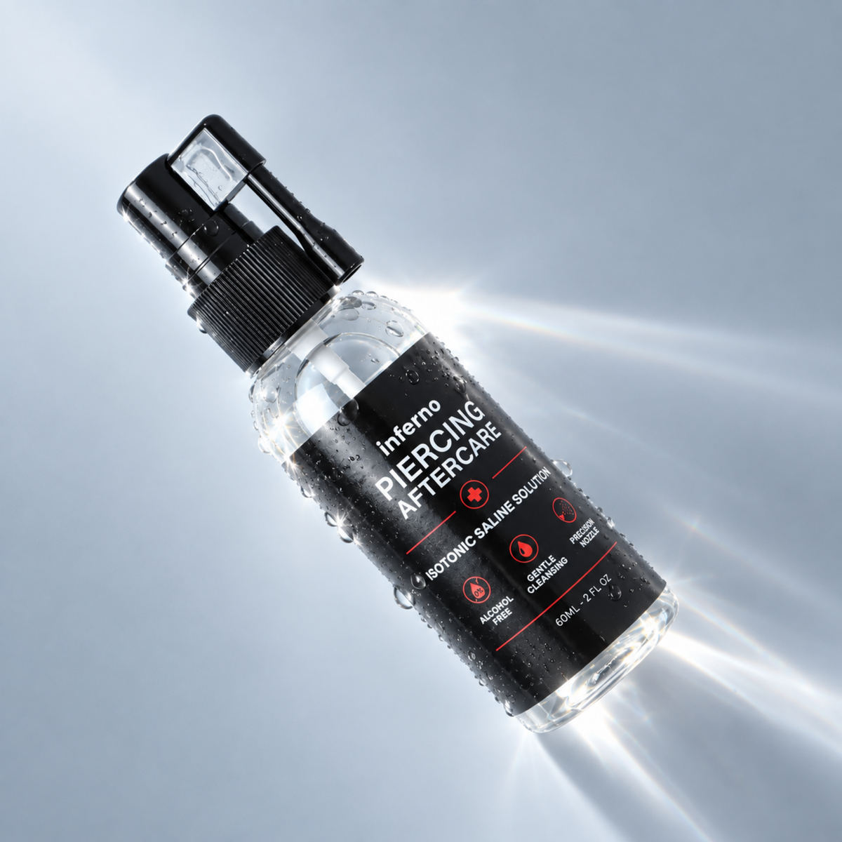 A clear plastic spray bottle of inferno Piercing Aftercare solution with a black pump and black label, shown against a cool gray background with stylized light rays.