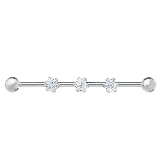 Titanium Internally Threaded Industrial Barbell With Three CZ Stone Flowers