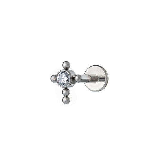 Titanium Labret Cross Shaped With Ball Weld And CZ Center Stone