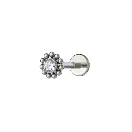 Titanium Internally Threaded Labret With Round CZ Top Surrounded by Beads