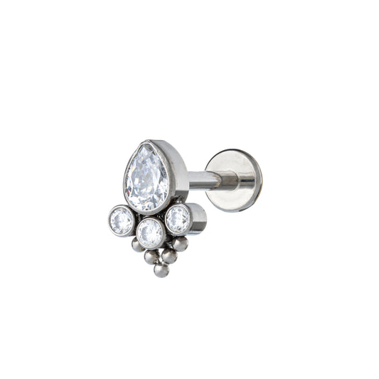 Titanium Internally Threaded Labret With A Teardrop CZ, 3 Round CZ & Beads Top