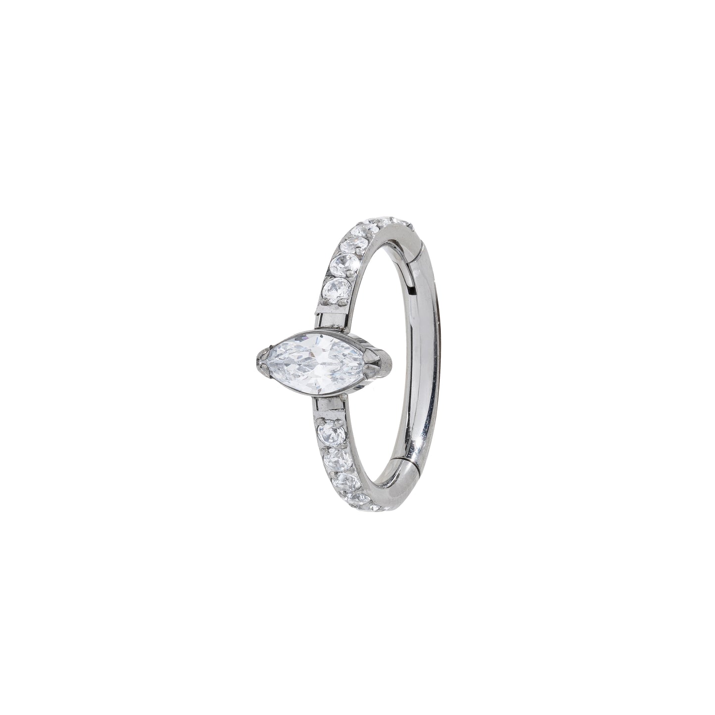 Titanium Hinged Segment Ring With Side Pave CZ Stones & Single Marquise CZ