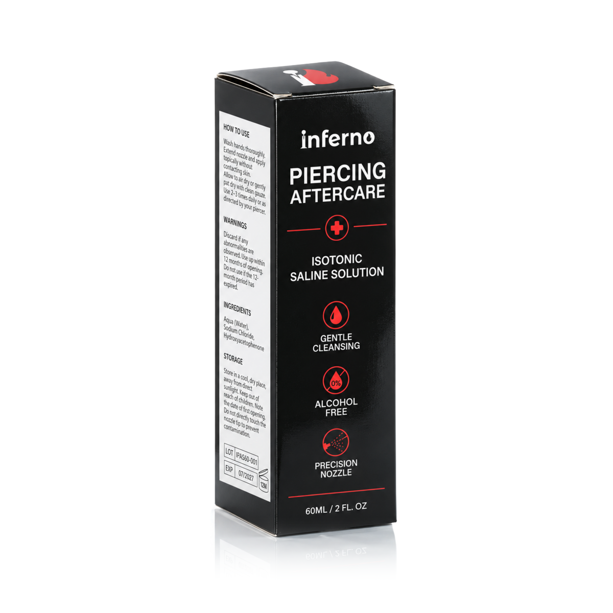 A black rectangular box of inferno Piercing Aftercare Isotonic Saline Solution, 60ml, shown on a white background with a soft reflection.
